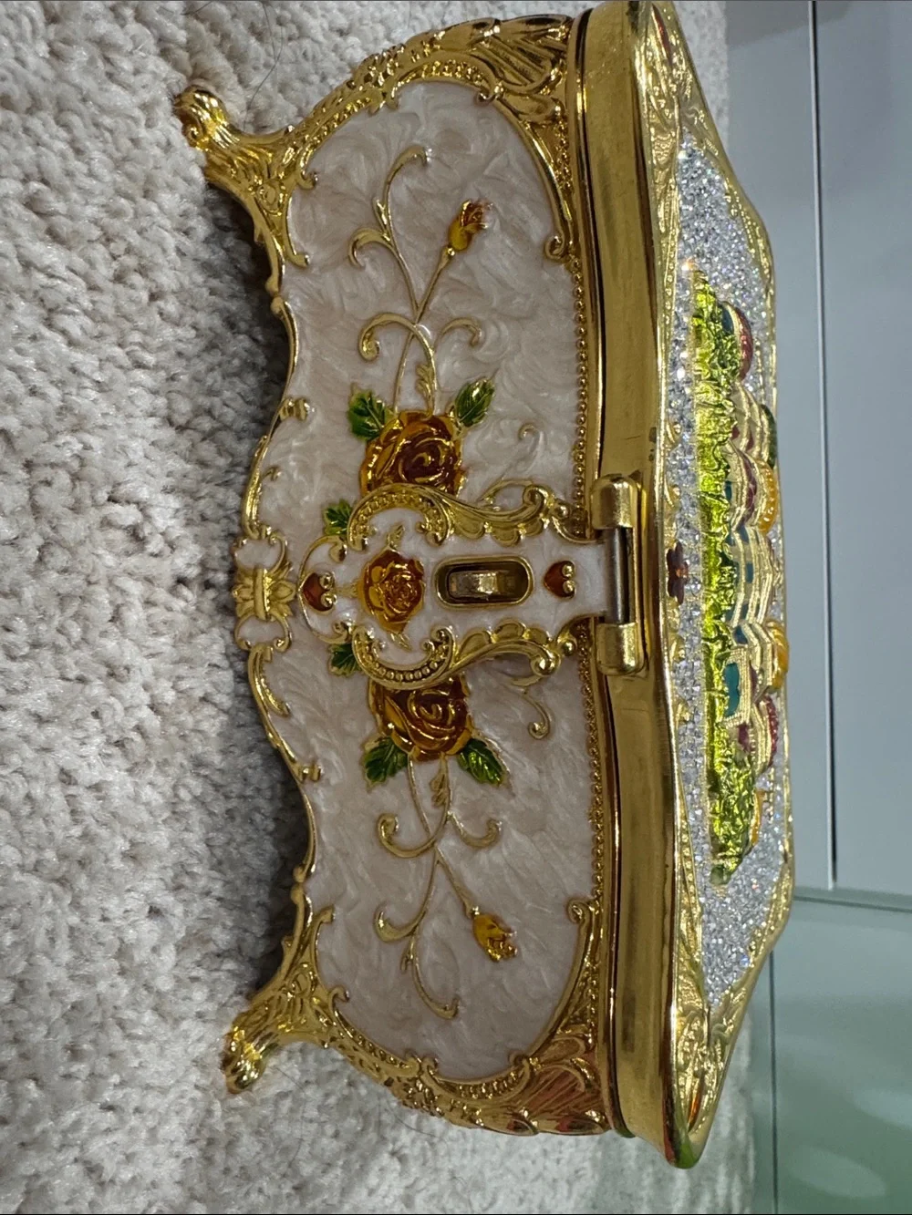 Ornate Jeweled Castle Trinket Box - Gold, White, Green, Red